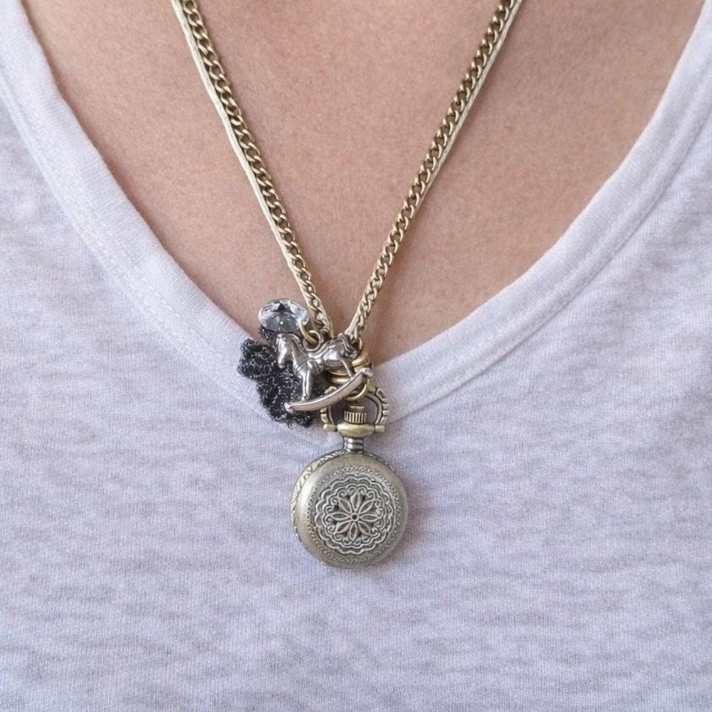 Pocket Watch Necklace Rocking Horse Charm Long Statement